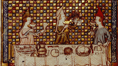 Image du 14e siècle représentant 3 femmes buvant du vin (fond quadrillé et doré)
