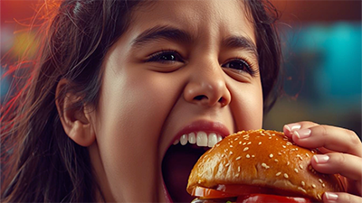 Visage en gros plan d'une petite fille la bouche ouverte qui croque un burger
