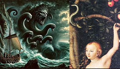 a gauche La monstre Charybe  à 7 têtes dans la mer déchainée et à droite une peinture d'Eve avec la pomme