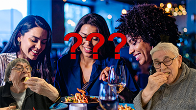 5 femmes mangent, 2 d'entre elles ont été rajouté à la photo initiale, elles mangent à pleine dent, la bouche grande ouverte
