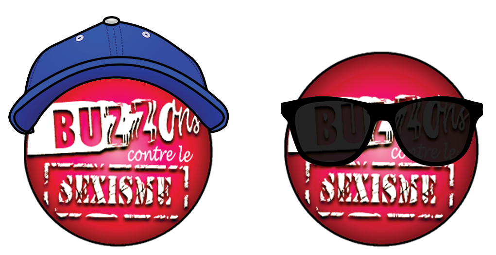  2 Buzzers rose avec une écriture "Buzzons contre le sexisme" A avec casquette bleue et le2e avec  lunettes de soleil