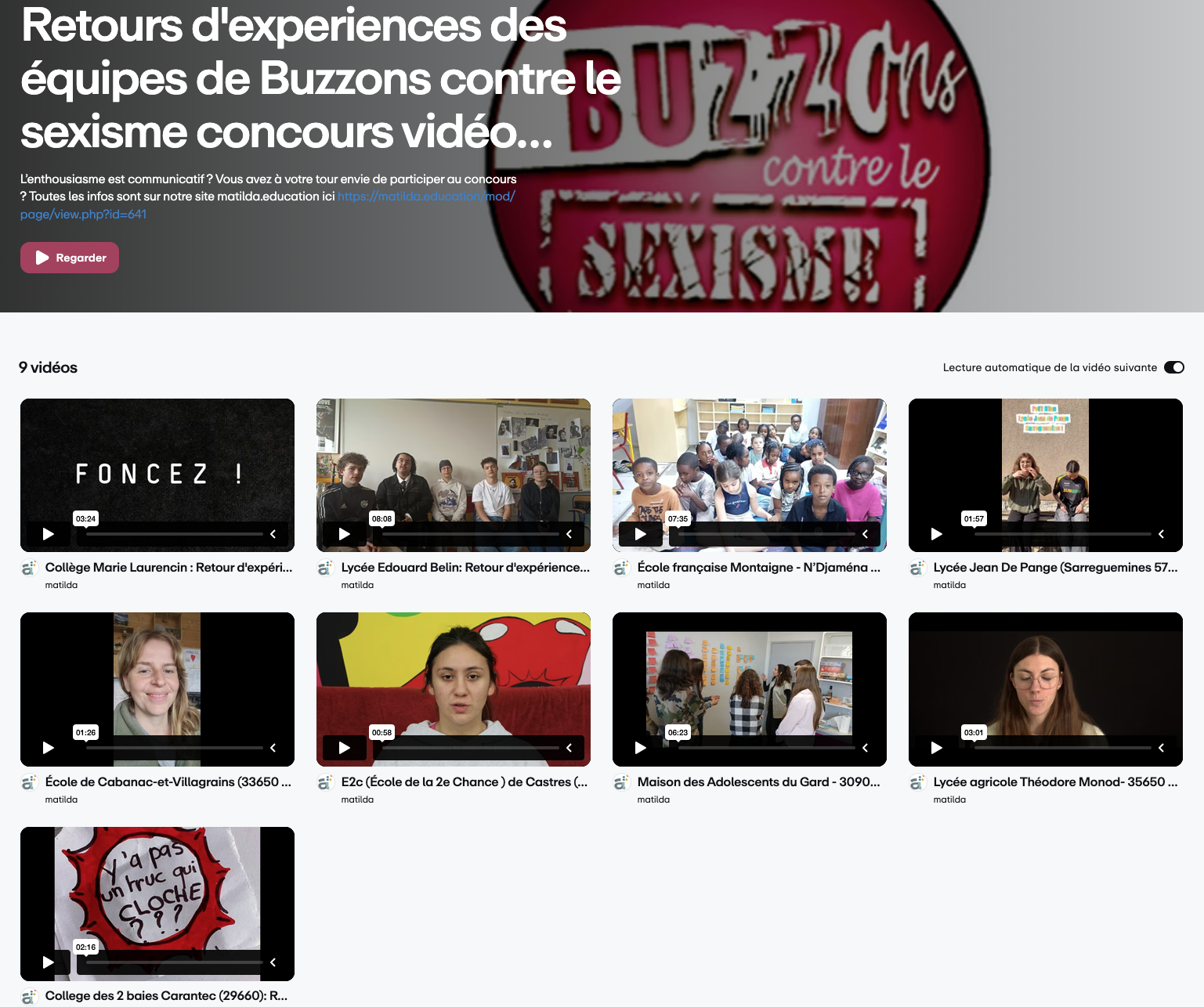 page de vimeo "retours d’expériences des equipes de Buzzons contre le sexisme" avec le buzzer Rose et les 9 icônes des vidéos