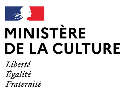 Logo du ministère de la culture, rectangulaire en hauteur, bleu, blanc, rouge