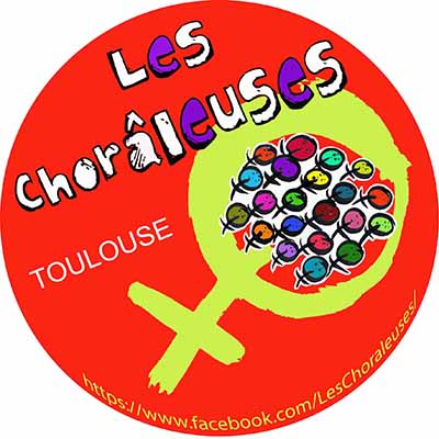 logo choraleuses, rond rouge avec sigle femme en vert et plein de sigles femmes en petit multicolores 