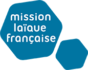 Forme géométrique à 5 cotés bleue écriture blanche "Mission laïque française" + a coté la même forme géométrique bleue petite