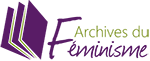 Logo Archives du féminisme, rectangulaire, violet et vert, avec un livre ouvert
