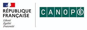 Logo de canopé lettres blanche sur fond vert à droite et à gauche logo bleu blanc rouge république Française