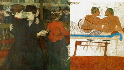 A gauche une peinture représentant un couple de femme qui dansent à droite un dessins de l'antiquité de 2 hommes torse nus enlacés