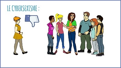 Groupe de jeunes à droite dessiné et a gauche une jeune femme seule, au milieu le dessin stylisé d'un pouve vers le bas, style facebook